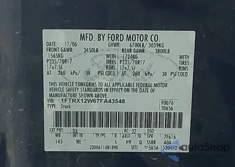 2007 Ford F-150 Stx/Xl/Xlt from USA, damaged, VIN 1FTRX12W67FA43548
